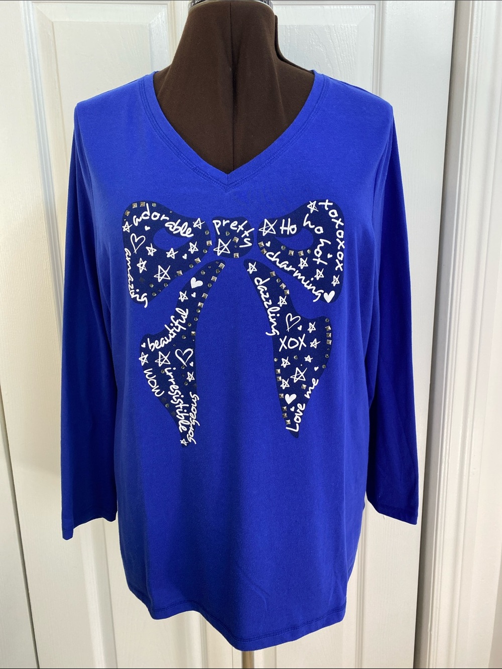 2 for $25 Addition Elle Blue V-Neck Long Sleeve Tee, Bow Graphic Rhinestones, 1X